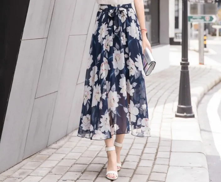 Женские летние шифон Юбка бального платья одежда 2018 женские элегантные офисные эластичный пояс с цветочным принтом юбки Костюмы