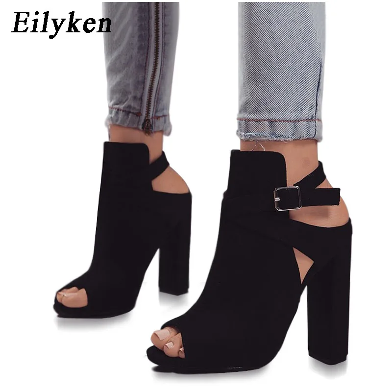 

Eilyken Flock Women Sandals Gladiator High Heels Strap Pumps Buckle Strap Shoes Fashion Summer Ladies Shoes Women SIZE 35-42