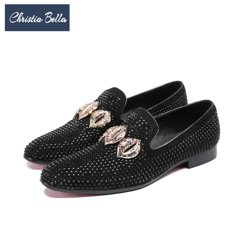 

Christia Bella Designer Brand Crystal Rhinestone Men Dress Loafers Black Wedding Prom Formal Shoes Bling Bling Men Flats Shoes