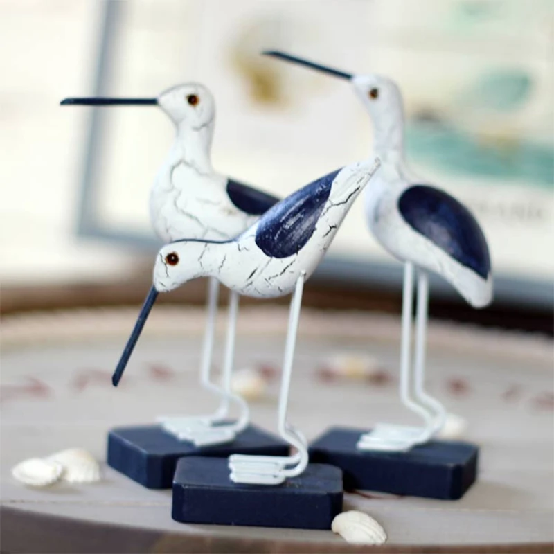 

3PCS/SET Wood Seabirds Figurines Mediterranean Style Mini Oiseau de mer Seafowl Ornaments Creative Home Decor