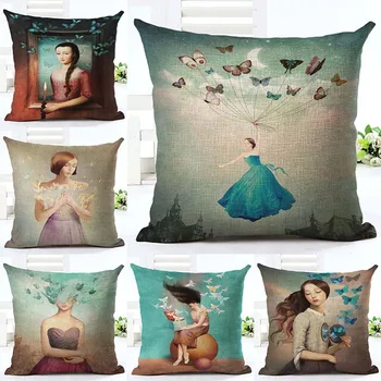 

Fashion Digital Printing Cushion Cover Lovely Girls Pattern Throw Pillowcase Home Decorative Cotton Linen Cojines