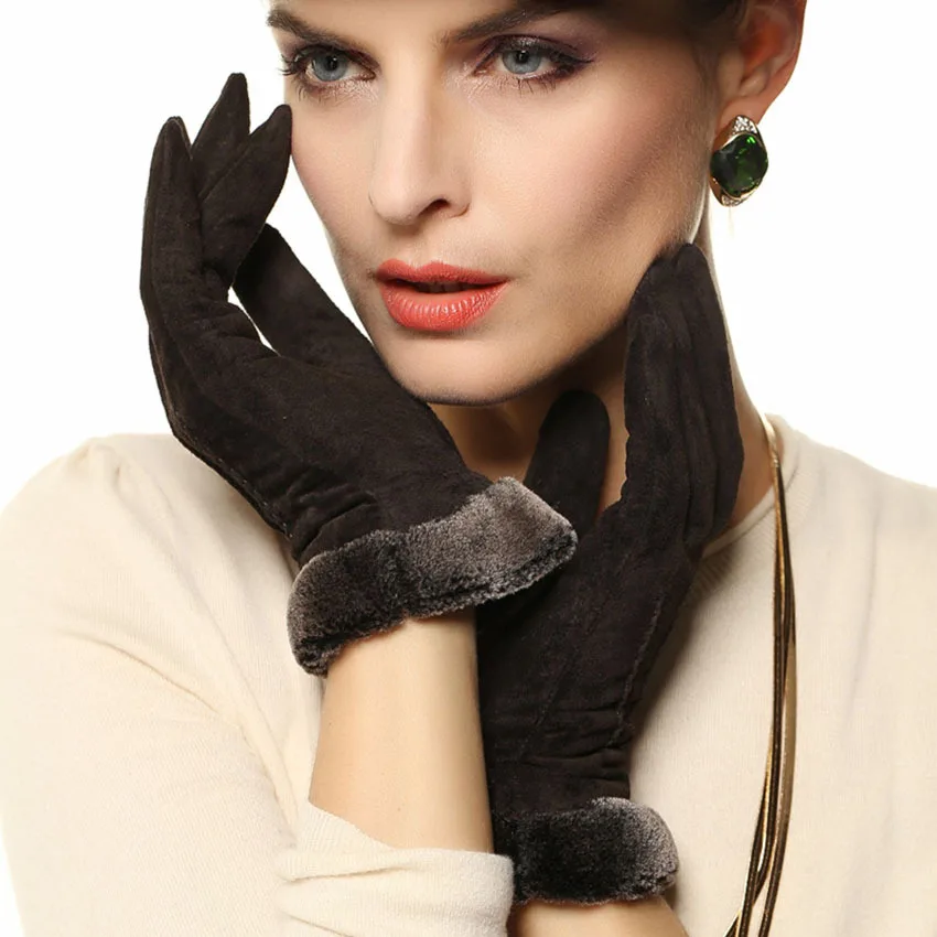 Fashion Women Gloves 2018 Rushed Limited Winter Pig Suede Glove Wrist Genuine Leather Solid