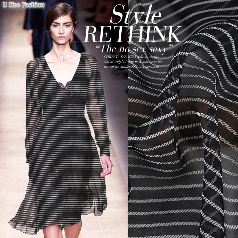 

SC135 100% Natural Silk Chiffon/ Stripes, Black Background/ Silk Fabric Mulberry Silk /Width 1.48yd Thickness 6mm
