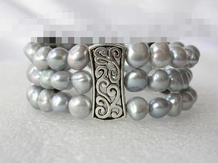 

free shipping 01026 3rows gray baroque freshwater cultured pearl bracelet