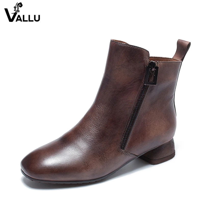 

2018 VALLU Cowhide Leather Women Ankle Boots Double Zipper Square Toes Handmade Vintage Chunky Heels Ladies Booties