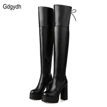Gdgydh/модные черные зимние сапоги для женщин; Новинка года; осенние сапоги выше колена; обувь на не сужающемся книзу массивном каблуке и платформе; большой размер 42