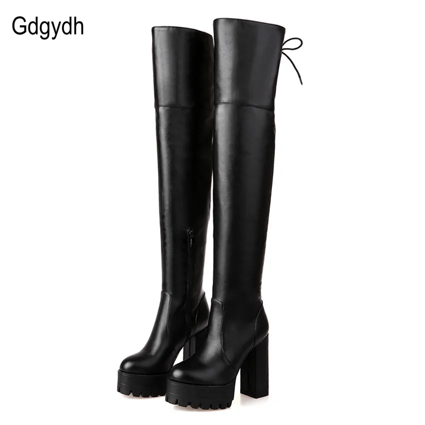 Tanie Gdgydh moda czarne buty zimowe dla kobiet 2018 New Arrival jesień ponad buty do kolan platformy sandały na grube obcasie duży rozmiar 42
