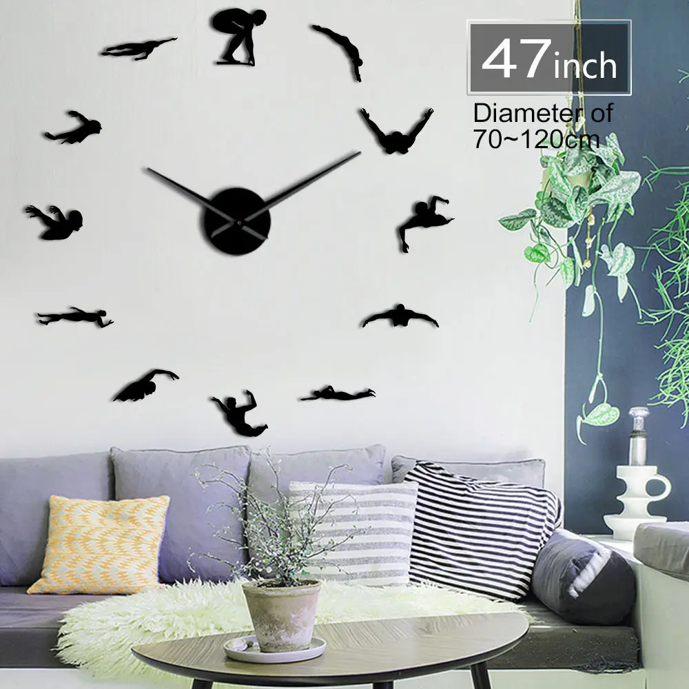 Swimming Sport 3D DIY Wall Clock Unique Gift For Swimmer Mirror Surface Quiet Sweep Clock Watch Athlete Fashion Home Decoration