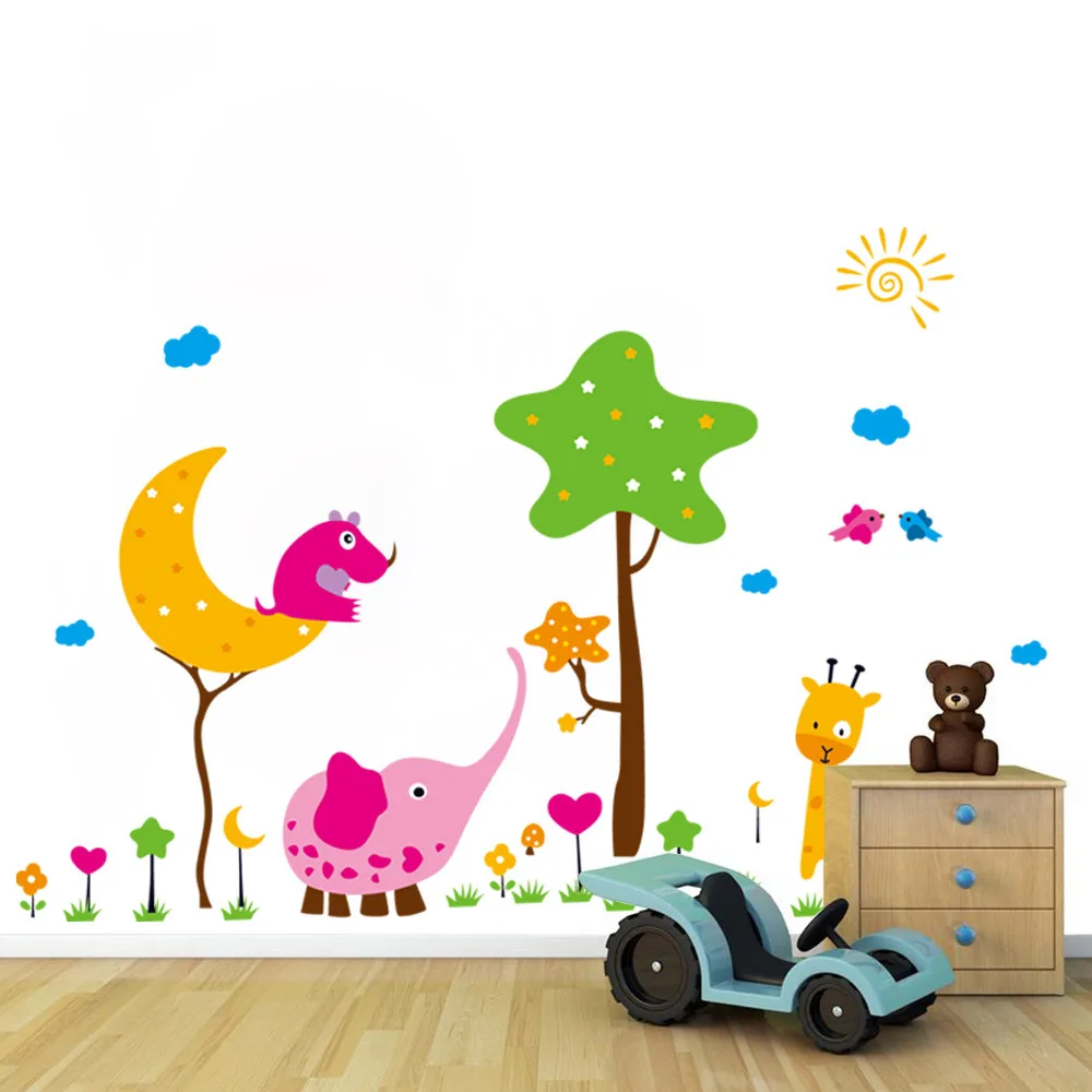Dsu Kartun Gajah Hutan Liar Pohon Hewan Diy Vinyl Dinding Stiker