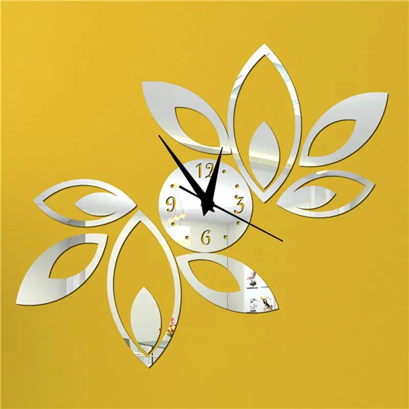 Mirror Wall Clock Rhombus Leaves Sticker Decoration Wall Clocks Home