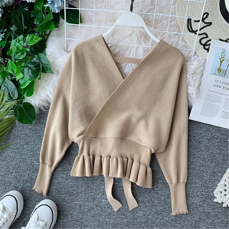 OCEANLOVE Autumn Winter Sexy V Neck Women Sweaters Batwing Sleeve Bow Short Slim Sueter Mujer Fashion Pullovers 12653