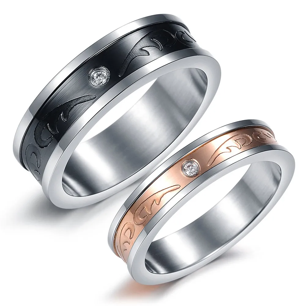 Мода нержавеющей стали 316L кольца черный / золото кристалл дрель простой пара кольца обручальные кольца GJ368