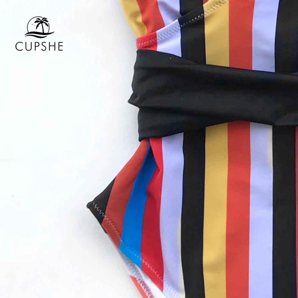 Preise CUPSHE Tropic Von Discusssion Streifen einteiliges Badeanzug Frauen Push Up Gebunden Bogen Gürtel Monokini 2020 Mädchen Badeanzug bademode