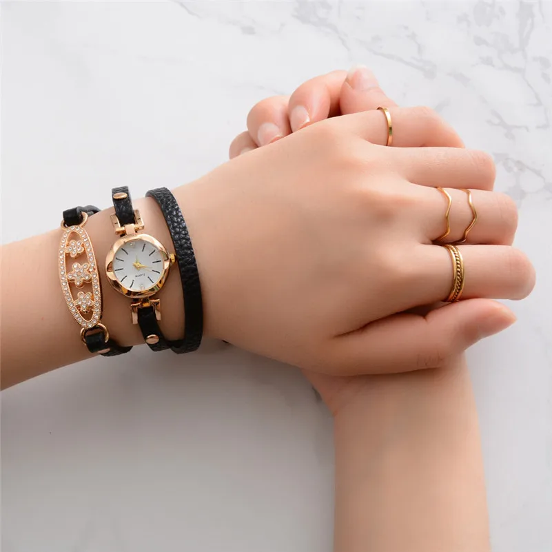 High Quality women fashion casual watch dress Leather Quartz Watch Luxury Bracelet Flower Gemstone Wristwatch Gift clock M22#N (2)
