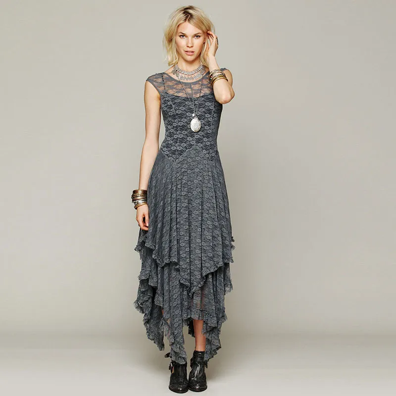Ahmagen Sexy Irregular Lace Dress Women Hollow Out Elegant Party Dresses Backless Pleated Long Maxi Skater Dress Summer Beach Wear 201702