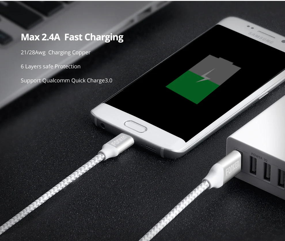 3 قطع FONKEN المصغّر usb كابل سريعة كبل شحن 2128AWG QC3.0 QC2.0 2.4A سريع شحن النايلون مضفر للهاتف المحمول كابل بيانات
