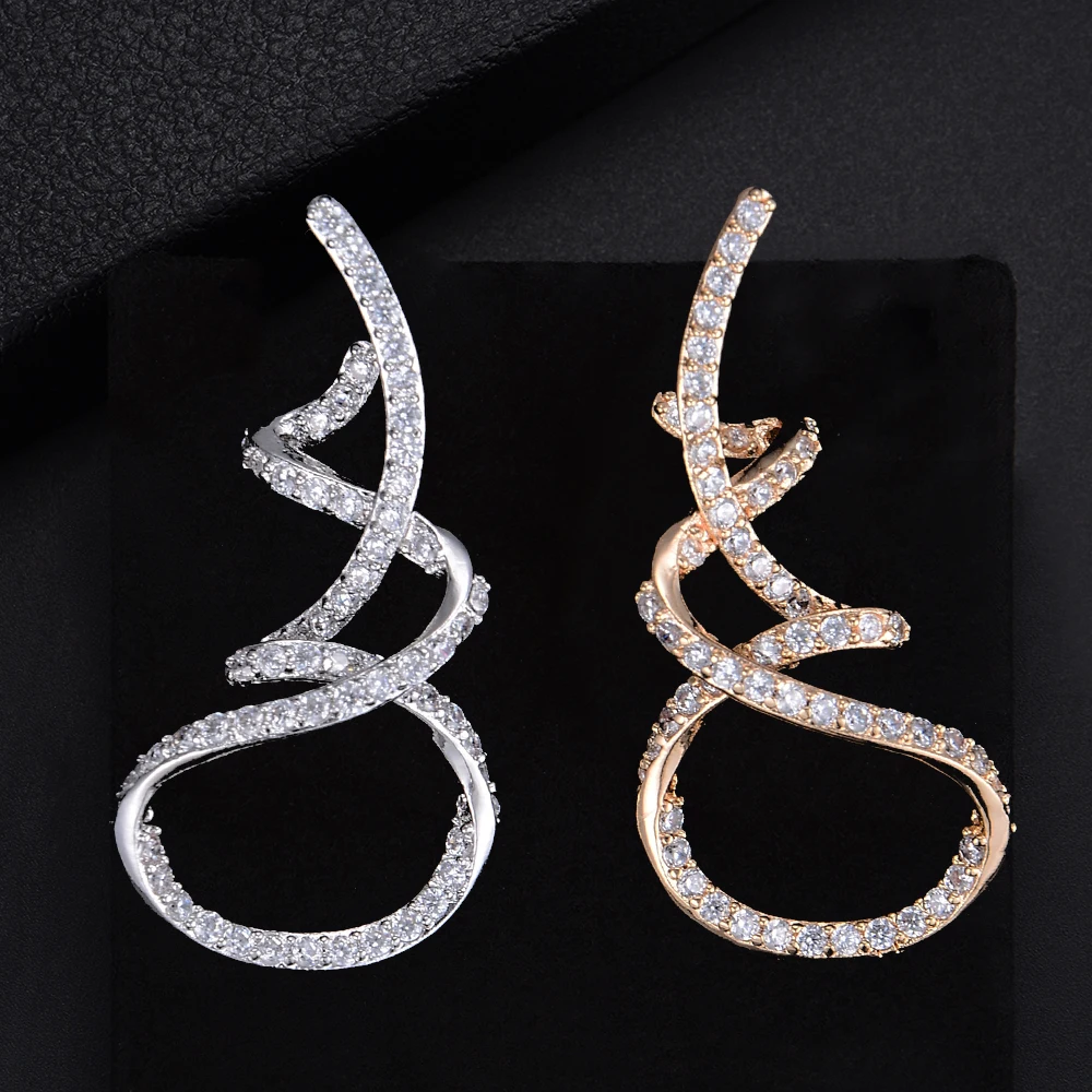 38mm Women Unique Irregular Twine Geometric Full CZ Stud Earrings For Bridal Engagement Earrings Jewelry