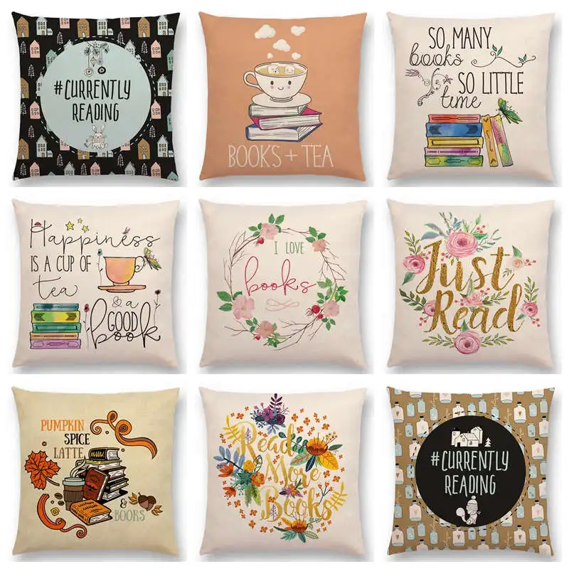 

Hot Sale Happy Days Good Time Tea Reading Books Beautiful Life Gorgeous Words Decorative Letters Cushion Sofa Throw Pillow
