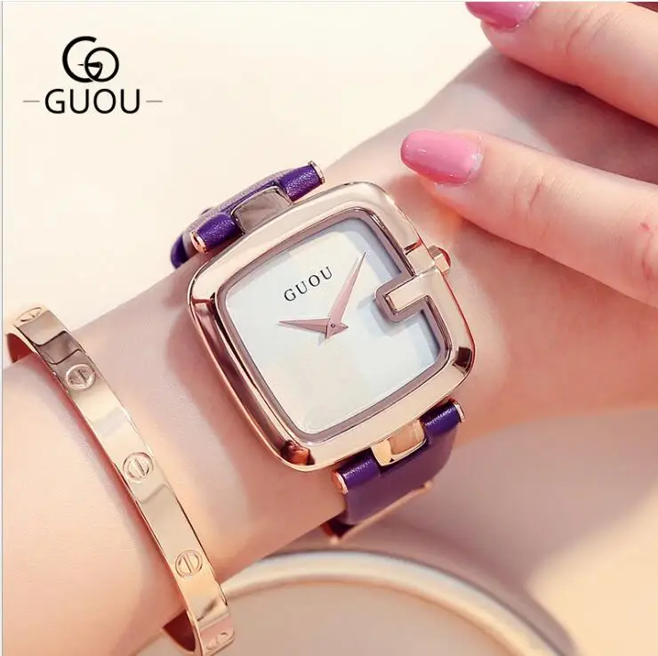 Кварц бренда творческая личность квадратные часы модные женские часы с кожаным ремешком, кварцевые наручные часы Relogio Feminino - Цвет: Фиолетовый