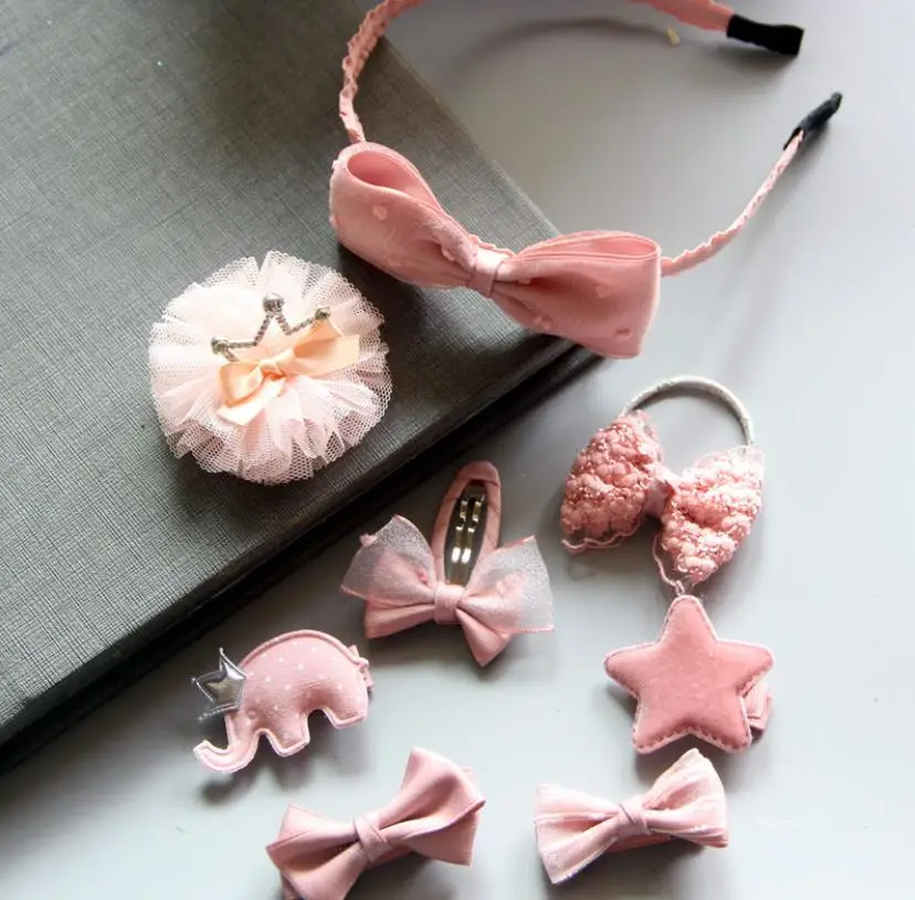 

8PCS Girl hair accessories set gray pink lace bunny ear hair band Flower hair clip Bow hair ties star elastic rubber band TZ23