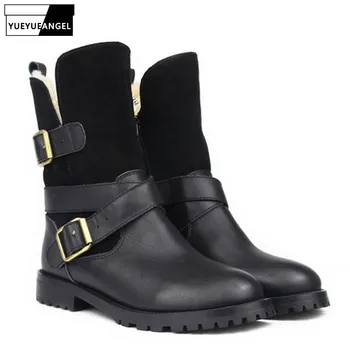 

Genuine Leather Mid-Calf Snow Boots Woman Shoes Winter Casual Buckle Strap Side Zip Warm Fur Booties Black Botas Mujer 35-40