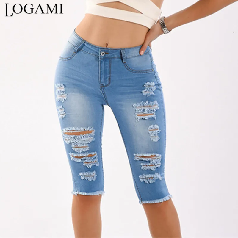 LOGAMI de la longitud de la rodilla Jeans rasgados para damas destruido de pantalones cortos de verano Midi Denim Jeans nueva llegada
