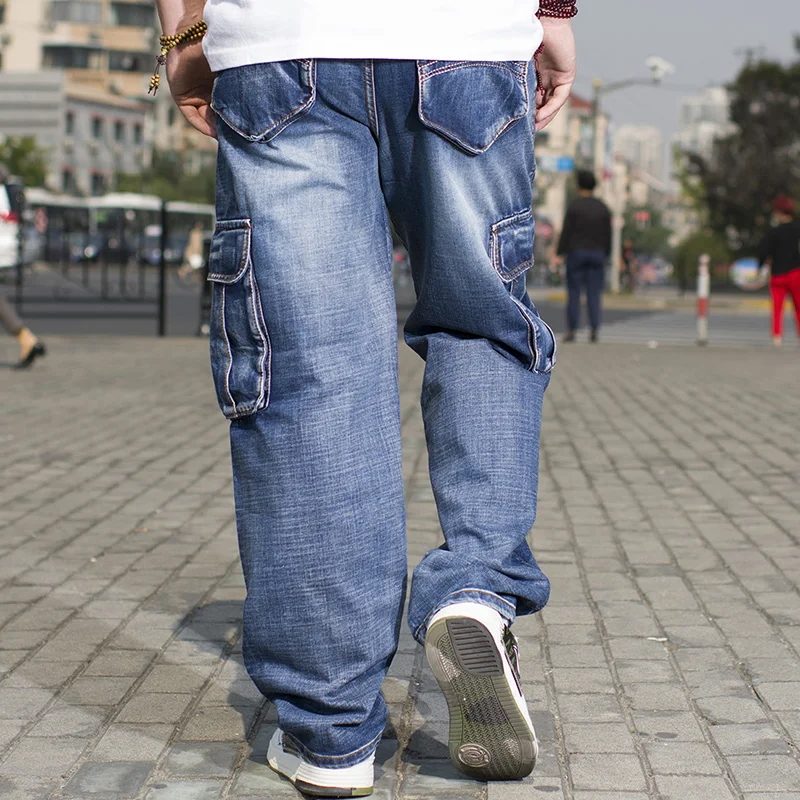50-130kg Big Men Loose Jeans For Men Skateboard Denim Pants Mens Baggy Jeans Cargo Pockets Plus Size 40 42 44 46