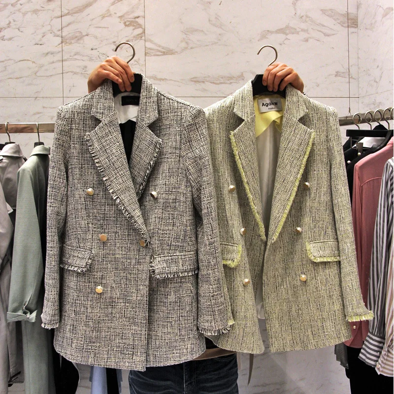 Spring  Autumn New Korean Version Small Fragrance Wind Coat Stripes Classic Double-breasted Long Female Small Women's Blazers