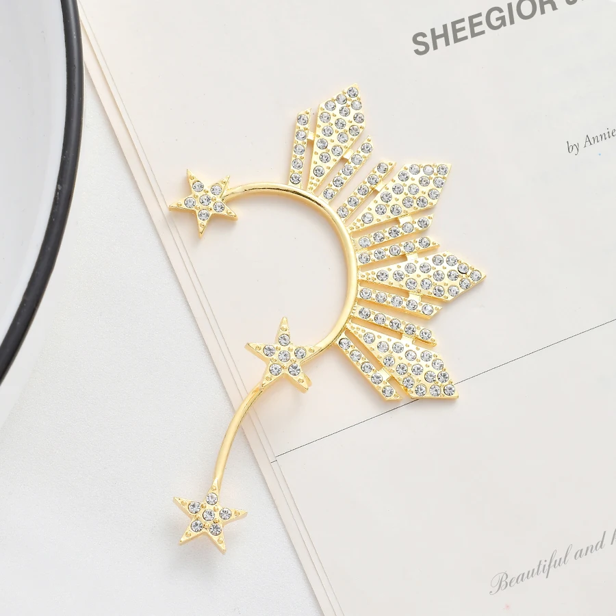 Lovely Golden Star Ear Clip on Earrings for Women Accessories Crystal Rhinestone Stars Big Ear Cuff Earring Fashion Jewelry Gift ear clip earrings clip earrings ear clip ear accessories