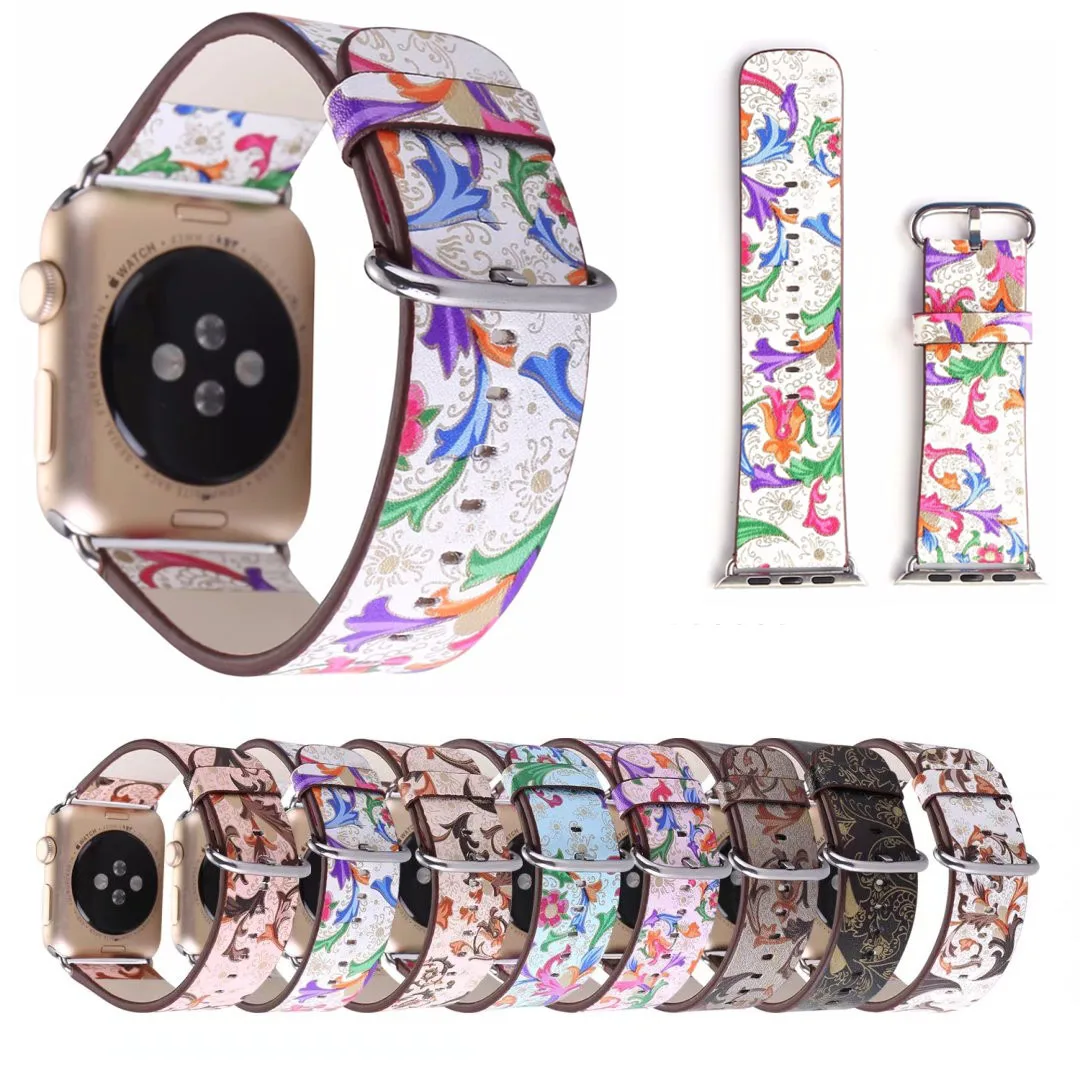 

Floral Leather Watch Strap for Apple Watch Series 3 Band Metal Buckle Stylish Flower Prints Bracelet for iWatch 1/2/3 42mm 38mm