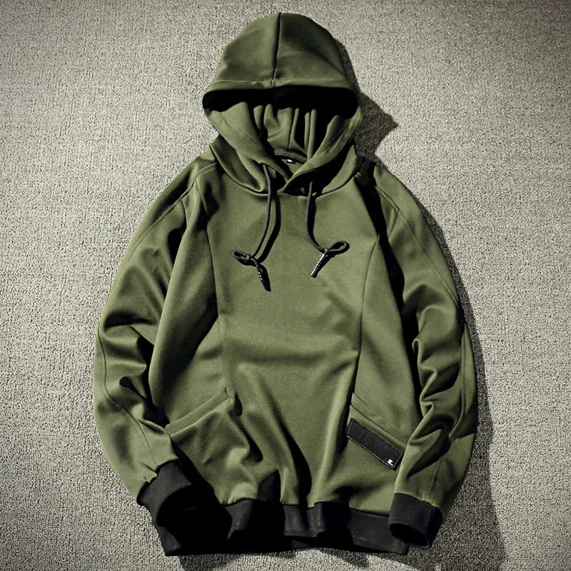 Hoodies Men Weaving belt Solid Hood Pullover High Street Cotton Fashion