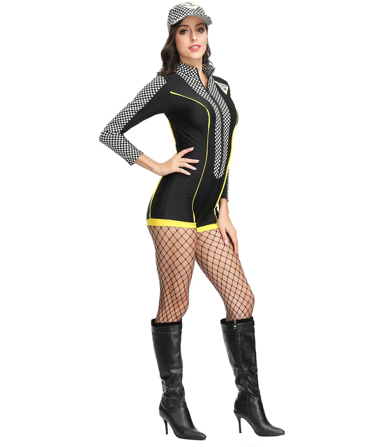 Black Sexy Plaid Super Race Car Driver Sport Short Jumpsuit Costume Long Sleeves Racing Girl Cheerleader Costume Uniform And Hat