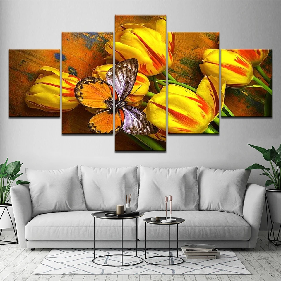 

Canvas Wall Art Pictures Home Decor 5 Pieces Yellow Tulips And Butterfly Paintings HD Prints Flowers Poster Modular Framework