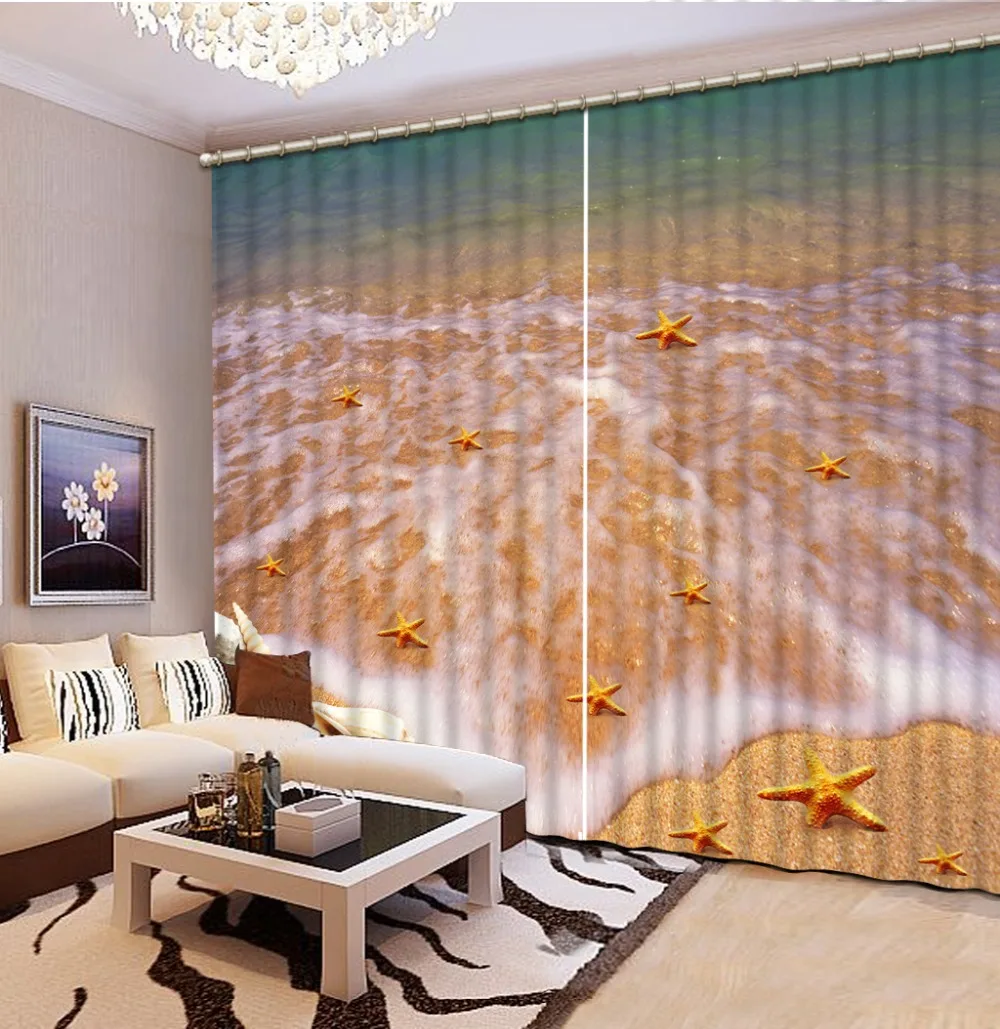 

European Curtains Photo Painted 3D Curtain Living room beach curtains wave curtain