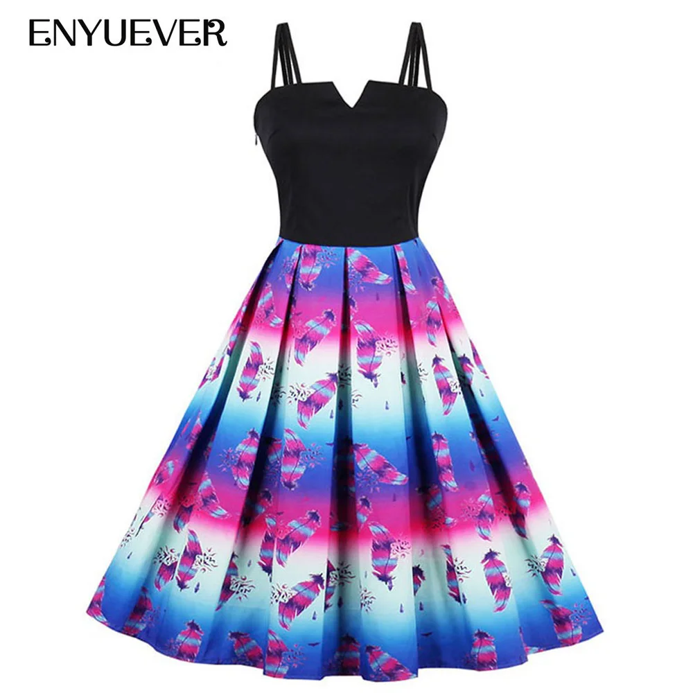 Enyuever Plus Size Vintage Dresses 50s 60s Summer Casual Spaghetti Strap Swing Patchwork Retro Pin Up Rockabilly Dress Vestidos | Женская