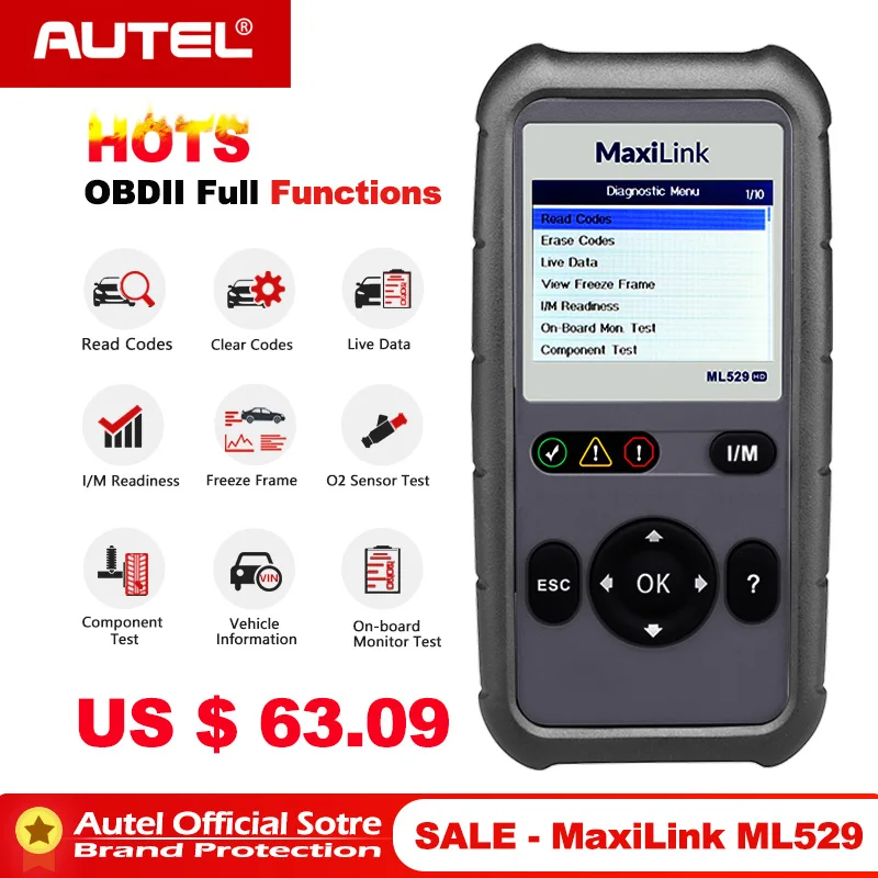

Autel MaxiLink ML529 OBD2 Scanner Car Auto Diagnostic Tool OBD 2 EOBD Code Reader Full OBDII Diagnosis Functions PK Al519 AL529