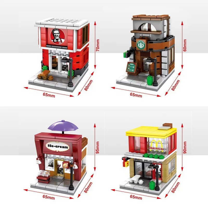 

City Mini Street View Block McDonals Fried Chicken Restaurant Starbuck Coffee Shop Haagen-Dazs Ice Cream Store Model Brick Toys