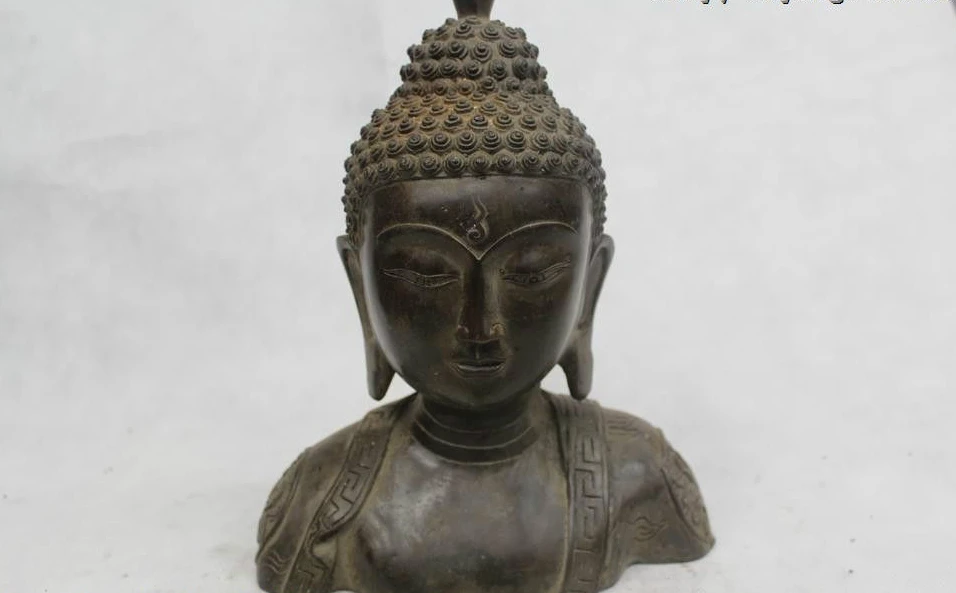 

10"Chinese Folk Pure Bronze excellent Sakyamuni Buddha head Statue
