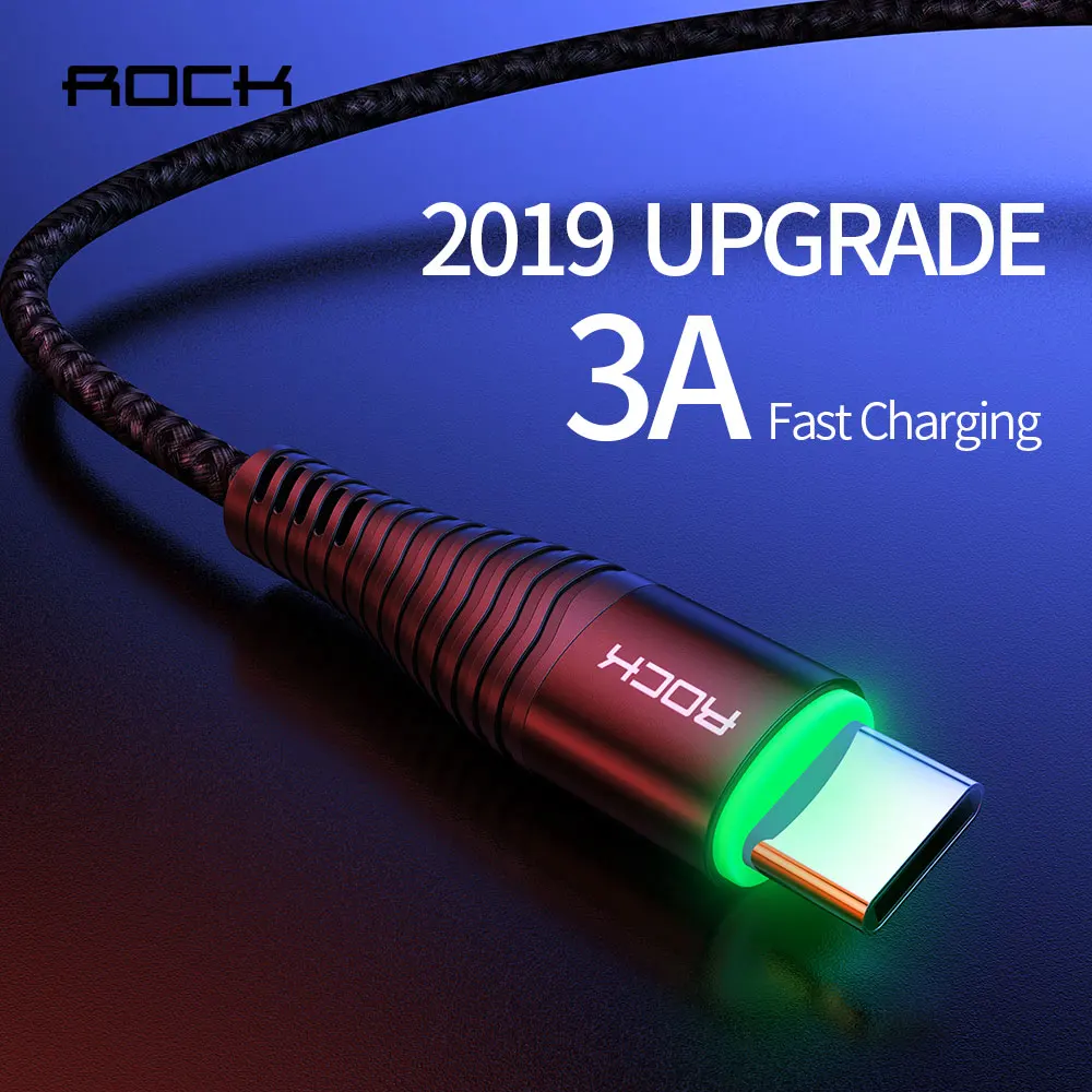 

ROCK LED USB Type C Cable 3A Fast Charging USB C Cable for Samsung S10 Xiaomi mi9 HUAWEI USBC Type-c Data Cord USB-C Charger 2M