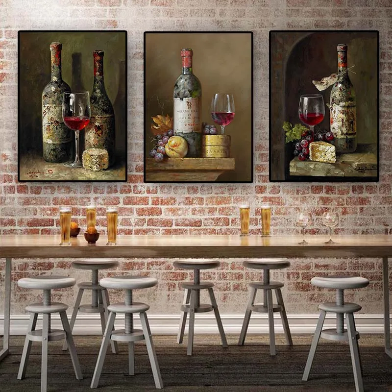 

Vintage Red Wine Bottle Fruit Posters and Prints Oil Painting on Canvas Scandinavian Wall Art Picture Kitchen Room Coffee Decor