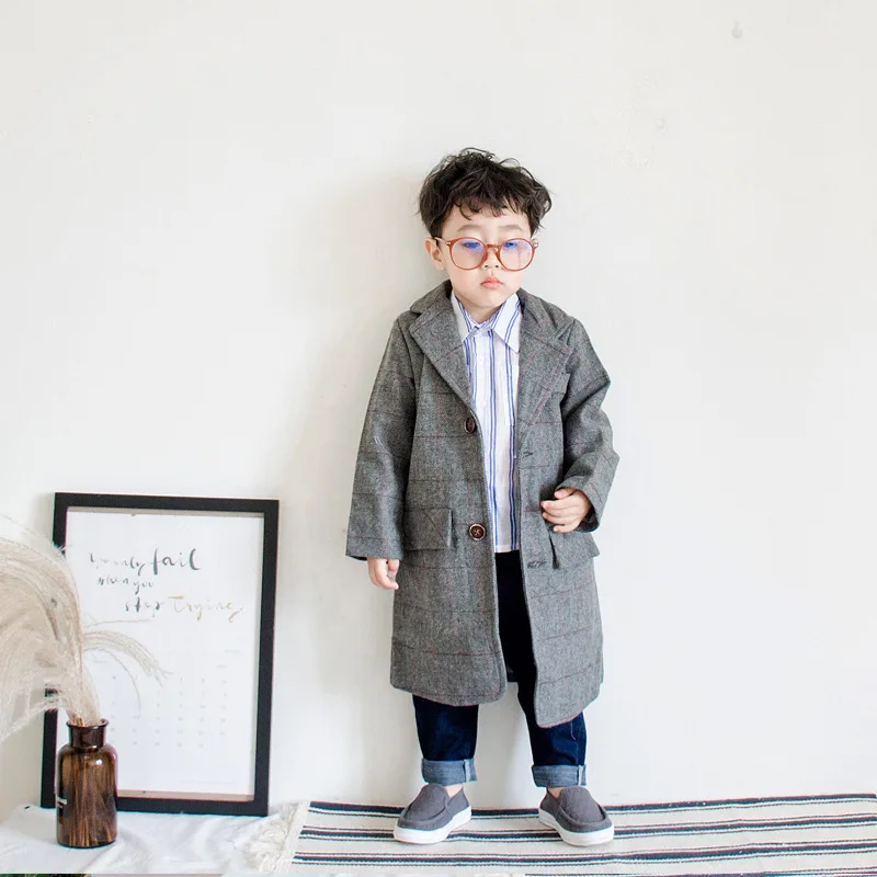 

Boy wool coat 2018 Winter Coat children's Wide Lapel Pocket Wool Blend Coat Oversize Long gray Trench Coat top Outwear Cardigan
