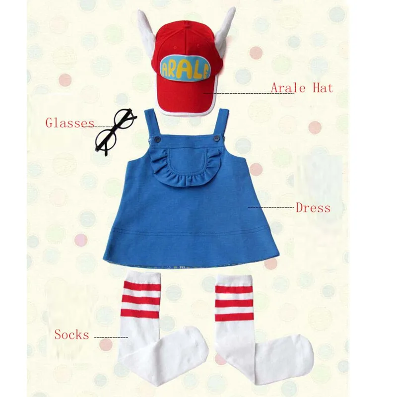 

Ainiel 5 Pieces 1 Set Anime Dr.Slump Arale Cosplay Costume Kids Dress/Hat/Glasses/Socks/T Shirt Fancy Dress Girl