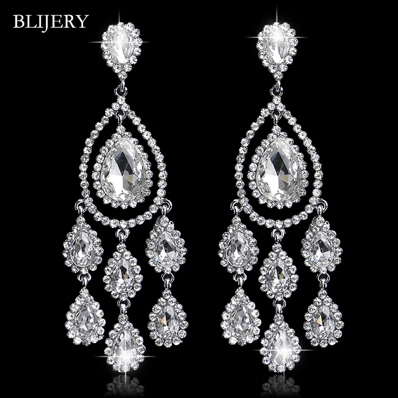 

BLIJERY Luxury Waterdrops Bridal Long Drop Earrings for Women Silver Color Crystal Chandelier Earrings Femme Wedding Jewelry