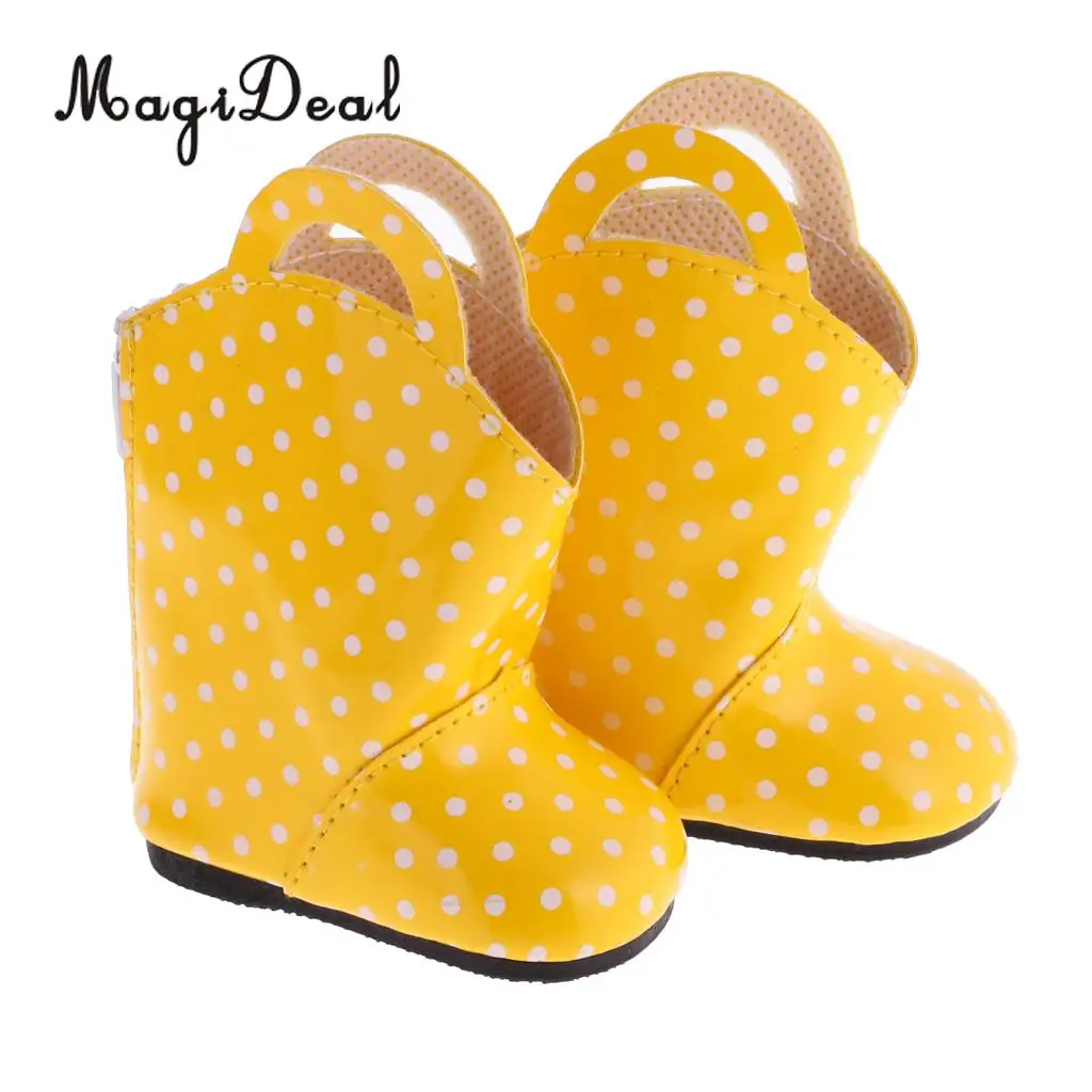 MagiDeal 1 Pair PU Leather Yellow Dots Zipper Back Boots Shoes for 18 Inch   Dolls Baby Outdoor Rain Wear Accs