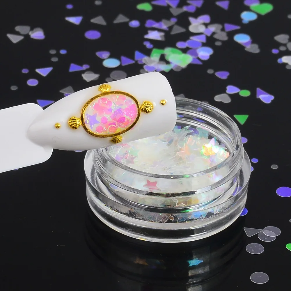 

1 box Aurora AB Color Nail Sequins Paillette Mermaid Nail Flakes Glitter Manicure Star Heart Round Slider Nail Art Decor