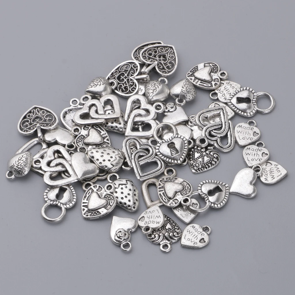 50g Each Pack Mixed Shapes Retro Antique Alloy Love Heart Pendants Jewelry Findings for DIY Earrings, Necklaces, Jewelry Crafts