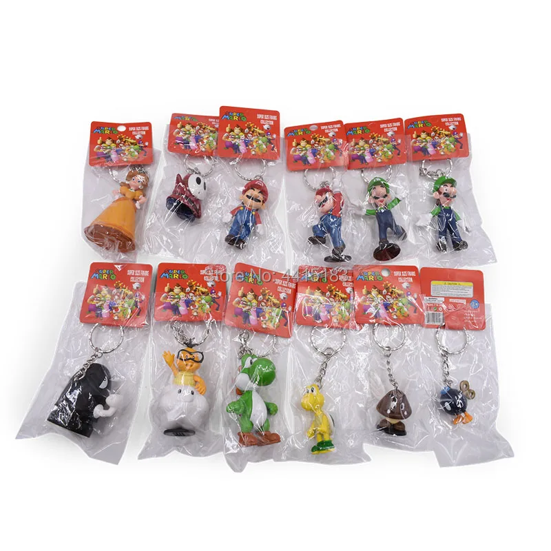 12 pcs/lot Anime Super Mario Bros keychain Peach Donkey Kong Yoshi Luigi Toad PVC Action Figure Doll Collectible Model Toy