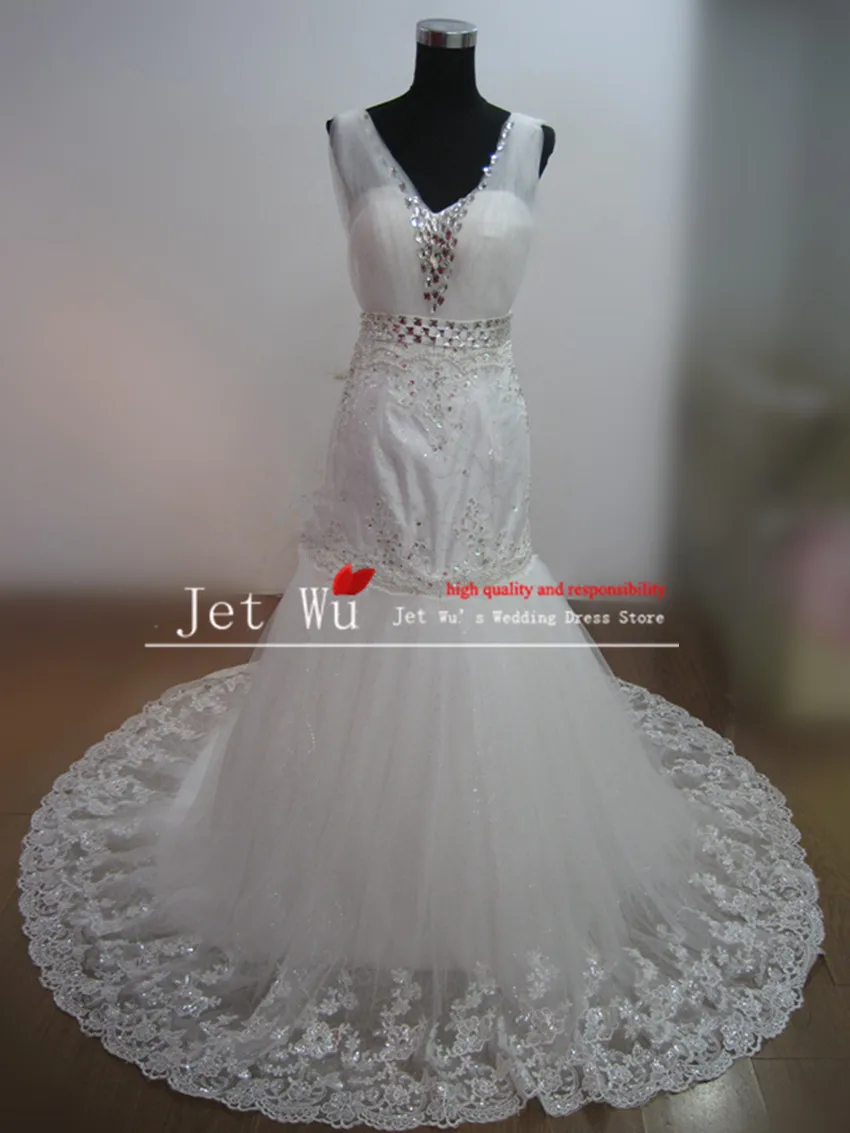 Real Sample Noble Mermaid V Neck Beaded Crystal Rhinestone Lace