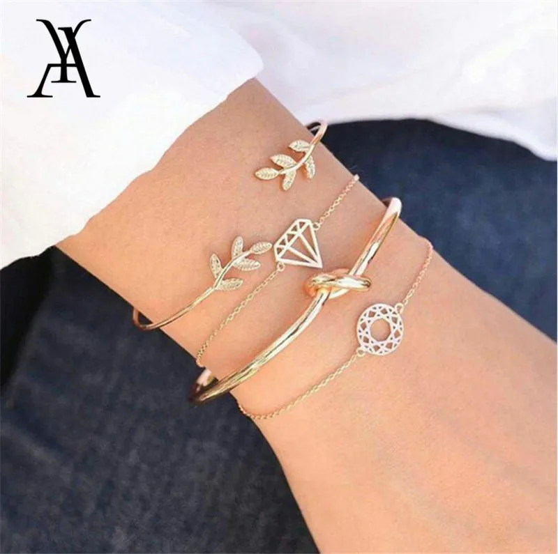 

4 Pcs Fashion Crystal Round Leaf Charm Multi-layer Bracelets For Women Gold Color Crystal Letter Triangle Bangles Jewelry Gift