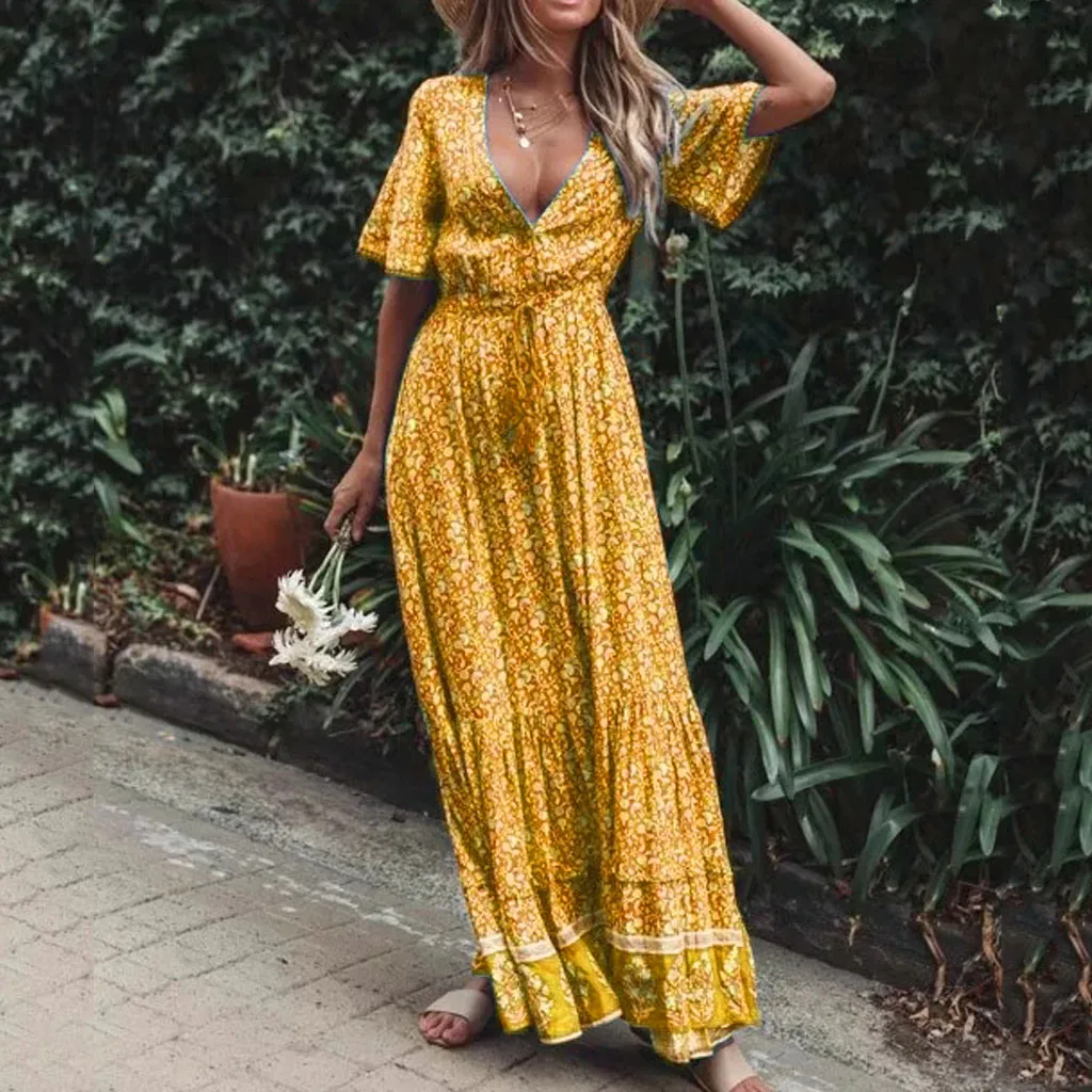 

Fashion Women Deep V Neck Short Sleeve Print Tassel Buttons Holiday Casual Vintage Maxi Dress Ladies Long Dresses
